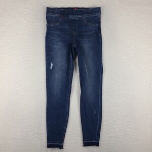 SPANX Pull On Jeans Womens Medium Blue Skinny Distress‎ Fray Dark Wash Denim